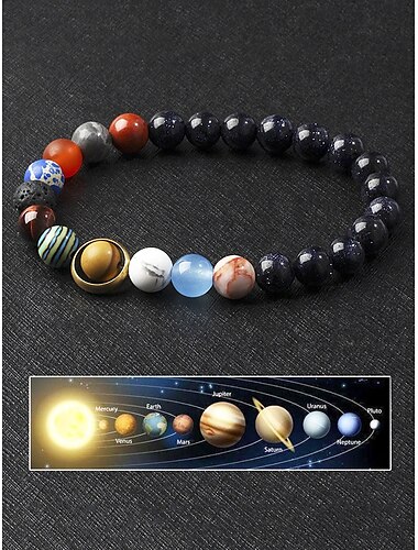  Herrenarmband mit Sonnensystem – Armband aus Lavasteinperlen und Edelsteinen mit Planetendesign, einzigartiges und bedeutungsvolles Modeaccessoire, ideales Vatertagsgeschenk für Wissenschafts- und Astronomie-Enthusiasten