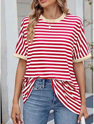  Women's T Shirt Striped Fashion Stylish Modern Short Sleeve Crew Neck Regular Tops Daily Weekend Print Black Red Blue Green Summer