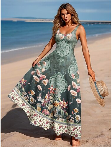  Damen Maxikleid A Linie Kleid Schulterfreies Kleid Bohemien Urlaub Strand Party Normale Passform Blumen Grafik Paisley-Muster Ärmellos Quadrathals Rundausschnitt Salbeigrün Sommer Frühling