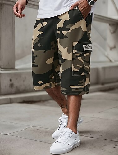  Herren Cargo-Shorts Caprihose Shorts mit Camouflage-Muster Sommershorts Kordelzug Elastischer Bund Mehrere Taschen Tarnung Komfort tragbar Wadenlang Outdoor Sport Täglich Mode Lässig Khaki Armeegrün