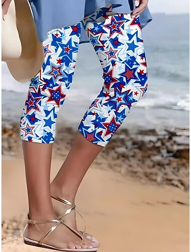  Unabhängigkeitstag Damen Patriotic Fourth of July Capri-Hosen Leggings Urlaub Vintage Mode Knöchellange Hochbundhose Sterne Farbverlauf Gestreift Druck Atmungsaktiv Weich Dehnbar Outdoor Urlaub