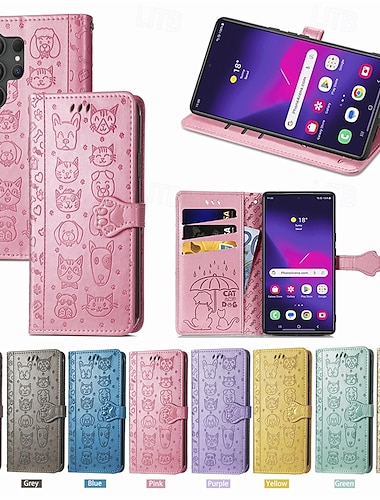  телефон Кейс для Назначение SSamsung Galaxy S24 S23 S22 S21 Ultra Plus S24 ФЭ А55 А35 А25 А15 5Г S25 Ультра Кошелек для карт Откидная крышка с ремешком на запястье Защита от удара Кот С собакой