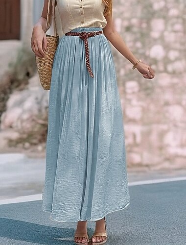  Femmes Taille Asiatique Évasé Jupes en lin Élégant Occasionnel Midi Taille haute Jupes Couleur Unie Froncé Plissé Fluide Micro-Élastique Vacances Quotidien Vin Noir Blanche Rose Claire Printemps