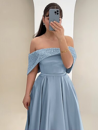  Abito da Sera A-Line Elegante Vestito Ospite di Matrimonio Lunghezza Piena Senza Maniche Spalle Scoperte Seta con Glitter Tasca