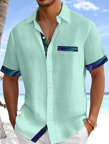  Herren Hemd Leinenhemd Sommerhemd Strandbekleidung Knopfhemd Einfarbig Urlaub Kreuzfahrt Schwarz Weiß Grün Leicht Blau Kurzarm Kragen Sommer Frühling & Sommer Bekleidung Farbblock
