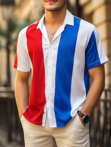  Nationalfeiertag Herren Patriotisch Französische Flagge Hemd Sommerhemd Knopfhemd Kurzarm Modisch lässig Ferien Festival Sommer Frühling Umlegekragen 3D-Druck Hemden mit Kragen Weiß