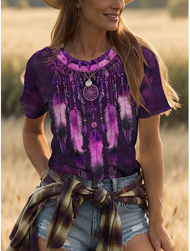  Damen T Shirt Grafik Bohemien Vintage Stilvoll Kurzarm Rundhalsausschnitt Normale Oberteile Täglich Ausgehen Wochenende Druck Gelb Rote Blau Purpur Grün Sommer Frühling