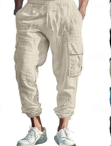  Homme Pantalon en lin Pantalon de jogging cargo Pantalon pantalon été Cordon Taille elastique Multi poche Plein Confort Respirable Toute la longueur Extérieur Casual du quotidien Mode Style classique