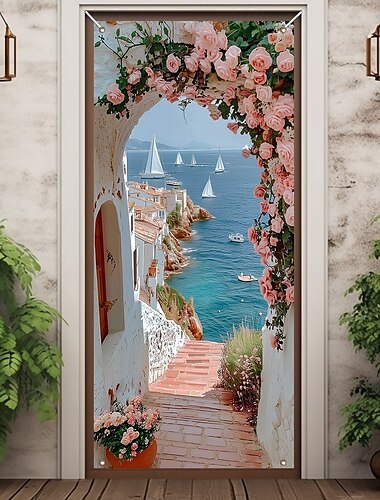  Decoraciones de puerta de playa del océano Cubiertas de puerta Tapiz de puerta de verano Cortina de puerta Decoración Fondo interior/exterior Banner de puerta para la puerta principal granja