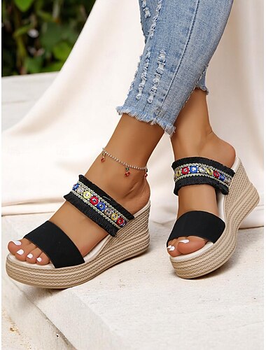  Sandale albe cu platformă pentru femei, cu barete cu franjuri și mărgele colorate, pantofi cu platformă boho chic pentru ieșiri casual de vară și vacanțe la plajă
