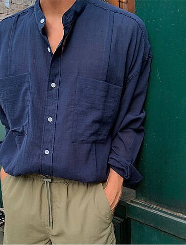  Herre Skjorte Sommer skjorte Casual skjorte Strandtrøje Button Up skjorte Hvid Navyblå Langærmet Vanlig Båndkrave Ferierejse Hawaiiansk Knapper Tøj Polyester Mode Afslappet Bekvem