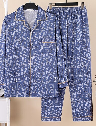  Pánské Noční prádlo Sady nočního prádla Pyžamový top a kalhoty 1 sada Grafické tisky Módní stylové Klasické Domů Denní Postel Polyester Pohodlné Yumuşak Klopa Dlouhý rukáv Kardigan Kalhoty Elastick