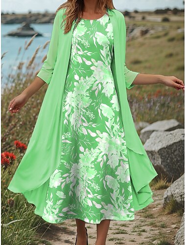  Damen Kleid-Set Shiftkleid Sommerkleid Lässig Blumen Grafik Druck Midikleid Dreiviertelarm Rundhalsausschnitt Täglich Rosa Blau Purpur Sommer Frühling Normale Passform