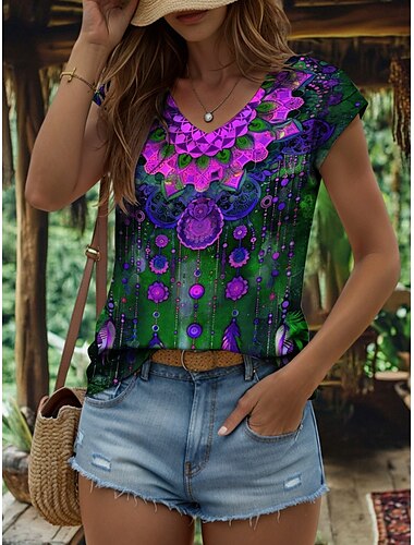  Damen Boho Camisole Tank Top Grafik Geometrisch Vintage Stilvoll Klassisch Ärmellos Kurzarm V-Ausschnitt Normal Oberteile Alltagsdruck Gelb Blau Fuchsia Orange Sommer Frühling