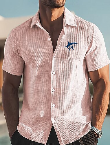  Herren Delfin Meeresbewohner Waffelhemd Durchgeknöpft Hemd Kurze Ärmel Hawaiianisch Urlaub Täglich Strandbekleidung Sommer Umlegekragen 3D-Druck Strickhemd Hemd zum Herausstecken Rosa Blau Grün
