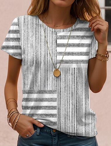  Dames T-shirt Grafisch Geometrisch Vintage Klassiek Casual Korte mouw Strakke ronde hals Normale tops Dagelijks Weekend Strand Kleding Afdrukken Rood blauw Paars Grijs Zomer Lente