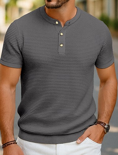  Voor heren Wafel Henley-shirt T-shirts Korte mouw Effen Kleur Effen Modieus Ontwerper Casual Knop Kleurenblok Henley Buiten Casual Dagelijks Zomer Alle seizoenen Zwart Wit Wijn Henley-T-shirt