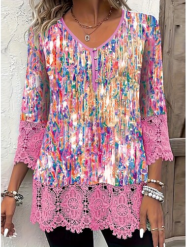  Damen Hemd Blumen Grafik 3D Basic Lässig Kurzarm V Ausschnitt Normale Oberteile Täglich Patchwork Knöpfe Spitzenbesatz Rosa Blau Grün Sommer