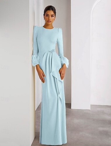  Abendkleid mit Federn, Stretch-Krepp, elegantes Kleid für formelle Hochzeiten, bodenlang, lange Ärmel, Rundhalsausschnitt, abnehmbar, 2025