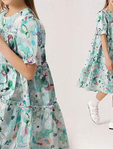  Kinder Mädchen Kleid Blume Kurzarm Outdoor Gerafft Niedlich Basic Baumwolle Knielang Freizeitkleid Blumenkleid Sommer Ab 4 Jahren Grün