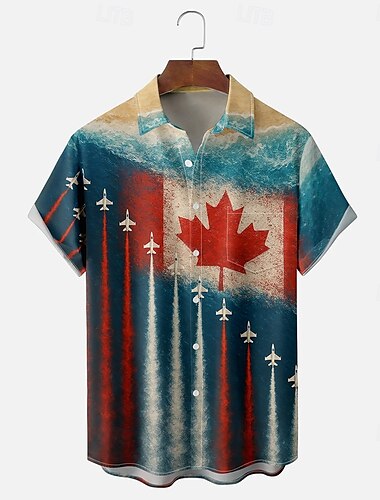  Canada Day Men's Flag Canada Airplane Shirt Summer Shirt Button Up Shirt Short Sleeve Fashion Casual Holiday Summer Spring Turndown 3D Print Collared Shirts Front One Pocket Blue