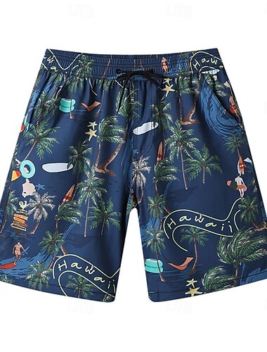  Herren Shorts Strandshorts Kordelzug Grafik Blatt Baum Atmungsaktiv Schnelltrocknend Knielang Outdoor Urlaub Heim Urlaub Ethno-Stil Weiß&Blau Dunkelblau Mikroelastisch