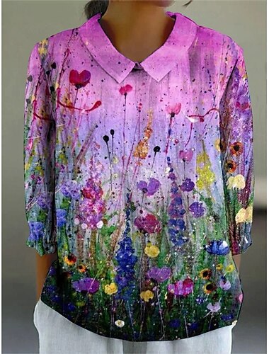  Damen Bluse Blumen Grafik Tiermotiv Täglich Stilvoll Langarm Hemdkragen Normale Oberteile Täglich Knöpfe Druck Weiß Blau Purpur Sommer Frühling