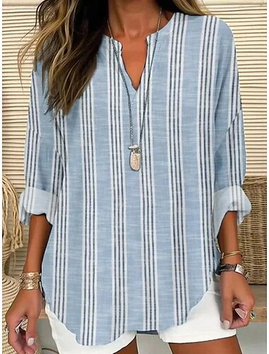  Dames Overhemd Katoenen linnen overhemd Blouse Grafisch Gestreept Dagelijks Hawaii Zakelijk Lange mouw V-hals Normale tops Werk Dagelijks Feestdagen Knop Afdrukken blauw Grijs Licht Blauw Zomer Lente