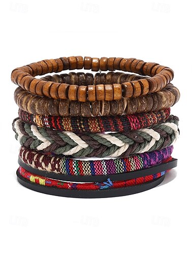  Boho armbåndssæt med flere lag perlebesatte armbånd til mænd, forskellige materialedesigns - træ, læder og reb, tribal stil, strand- og fritidstøj