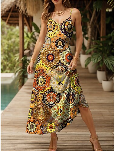  Damen Maxikleid Sommerkleid A Linie Kleid Unterkleid Urlaub Lässig Boho Strand Normale Passform Grafik Vintage Boho Paisley Damast Ärmellos V Ausschnitt Gelb Rote Blau Purpur Sommer Frühling