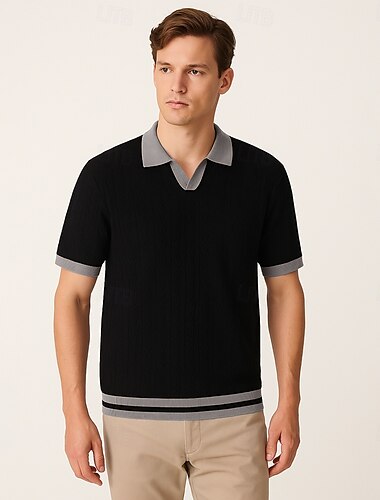  Herren Polo Geschäft Lässig Umlegekragen Kurzarm Farbblock Jacquard V-Ausschnitt Weich Sommer Frühling Herbst Normale Passform Weinrot Schwarz Khaki Polo