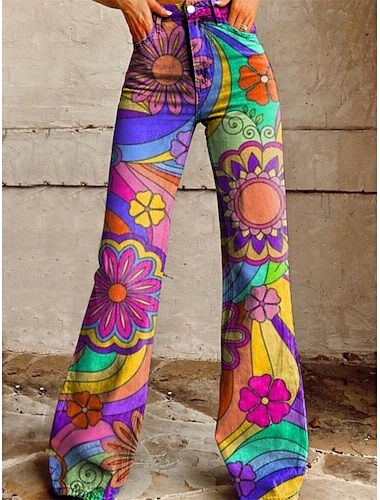  Rétro Vintage Années 1970 Groovy Pantalon Pantalon à jambes larges Hippie Disco Taille haute Psychédélique Style faux jean Femmes Carnaval Décontracté Quotidien Festival de Musique Soirée à thème