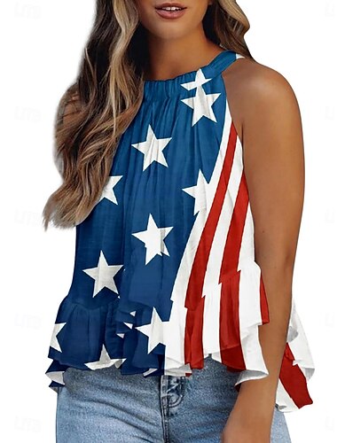  Γυναικείο Camisole Τοπ Σημαία Καθημερινό Casual Χωρίς Μανίκια Χαλαρή Λαιμό Τακτική Tops Καθημερινή Ρεφλεξιακή Εκτύπωση Κόκκινο Ναυτικό Μπλε Βασιλικό Μπλε Μπλε Καλοκαίρι