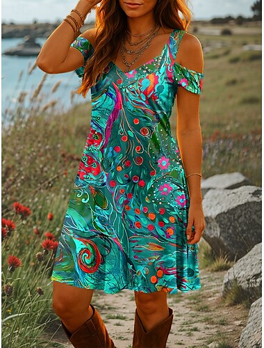  Damen Minikleid A Linie Kleid Sommerkleid Urlaub Lässig Täglich Ferien Normale Passform Grafik Abstrakt Kurzarm V Ausschnitt Rote Blau Grün Sommer