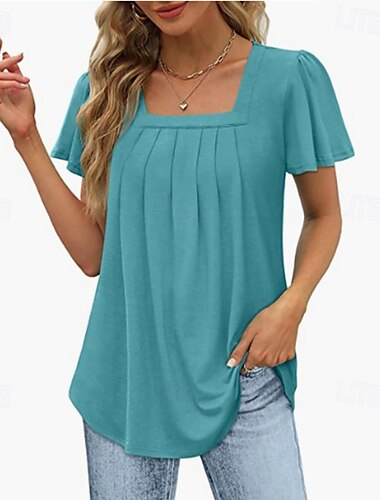  Blusa para Mulheres Tops de Verão Sólidos Elegantes Estilosos Básicos Com Mangas Curtas Decote Quadrado Regulares Diários Franzido Preto Branco Rosa Azul Verde Verão