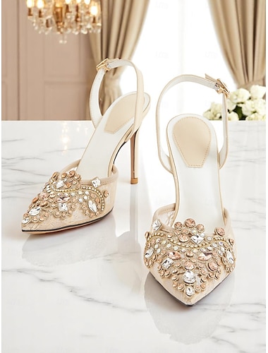  Sapatos de salto alto slingback de cetim creme para mulheres com detalhes em cristal - saltos altos glamorosos para coquetéis e eventos especiais