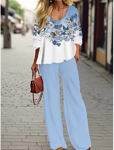  Dames Blouse 3/4 Mouw U-hals Ombre Bloemen Graphic Print Buiten Vakantie Casual Zwart Lichtgroen Luchtblauw Zomer Losse Pasvorm