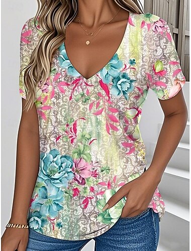 Damen T Shirt Blumen Grafik Pflanzen Vintage Stilvoll Klassisch Kurzarm V Ausschnitt Normale Oberteile Täglich Druck Gelb Rosa Grün Sommer Frühling