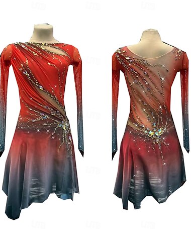  Eiskunstlaufkleid Damen Mädchen Eislaufen Kleid Rot Daumenloch Halo-Färbung Hohe Elastizität Professionell Wettbewerb Eiskunstlaufkleidung Thermowarm Kristall / Strass Langarm Eislaufen Eiskundstlauf
