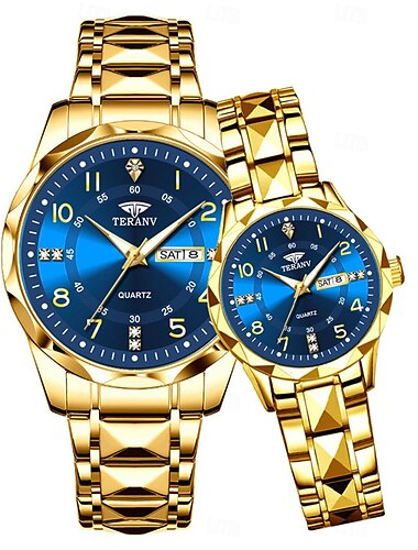  Modische Paaruhr mit schlichtem Strass-Design und Rauten-Zifferblatt, IPX7 wasserdicht, leuchtend, Kalenderdatum, Stahlarmband, Quarzuhr, Valentinstagsgeschenk (1 Herrenuhr, 1 Damenuhr)