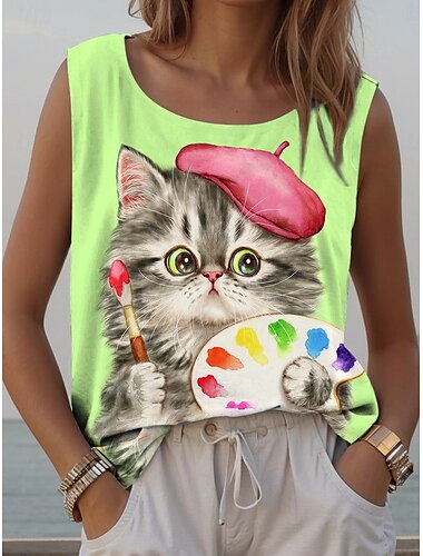  Kayomi Harai Damen Camisole Tank Top Grafik Tier Katze Vintage Alltag Casual Ärmellos Rundhals Normal Tops Alltag Gelb Blau Grün Sommer Frühling