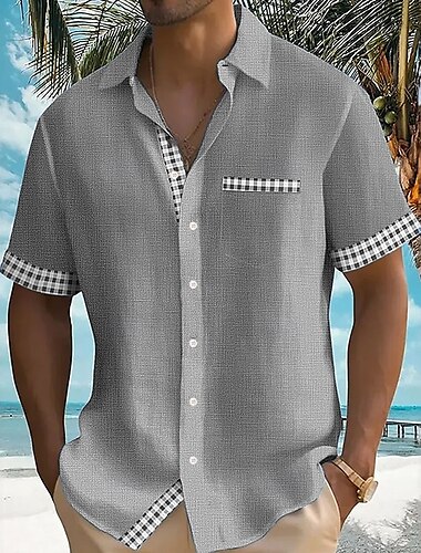  Herren Geometrisch Karo / Karomuster Hemd Sommerhemd Knopfhemd Kurzarm Modisch lässig Urlaub Ferien Streetwear Sommer Umlegekragen 3D-Druck Eine Tasche vorne Leinenähnliches Hemd Gelb Blau Grün Grau