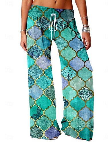 Damen Weites Bein Chinos Urlaub Vintage Mode Volle Länge Hohe Taille Blumen Geometrisch Tasche Elastischer Bund Drucken Bequem Weich Mikroelastisch Outdoor Urlaub Straße Weiß Blau Dunkelgrün Purpur