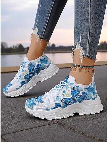  Dame Flyknit sneakers med blåt sommerfugleprint – moderigtige letvægtssko til gåture, afslappede udflugter og rejser