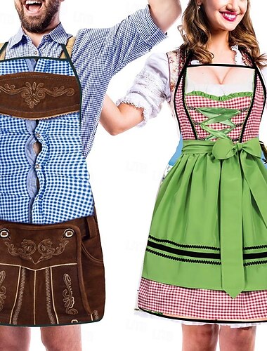  Paar 2-teilige Oktoberfestschürze Oktoberfestparty Paar Dirndl mit verstellbaren Bindeseilen Kochen Gartenarbeit Grillen Backen Lustige Kostüme Münchner Wiesn Halloween Karneval