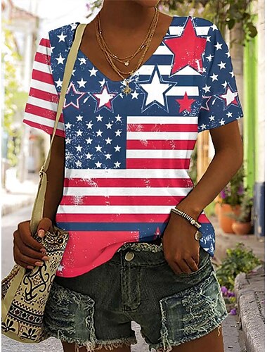  Unabhängigkeitstag Damen Patriotisches Fourth of July T-Shirt Grafik Flagge Amerikanische Flagge Vintage Mode Hawaiian Kurzarm V-Ausschnitt Regelmäßige Oberteile Alltag Ausgehen Wochenenddruck