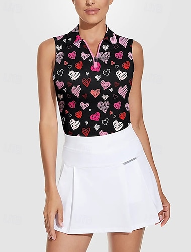  US Open Damen Tennis Shirt Ärmellos Druck UPF50+ Schnelltrocknend Tennis Golfspiel Badminton Reißverschlusskragen Herz T-Shirt Oberteil Schwarz Tennisbekleidung