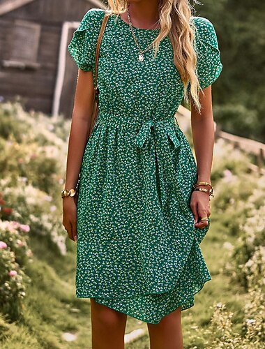  Mujer Mini vestido Vestido de flores Vestido bohemio Vestido Estampado Moda Clásico Moderno Vacaciones Festivos Noche Ajuste regular Flor Manga Corta Cuello Barco Rojo Azul Piscina Marrón Verde Trébol