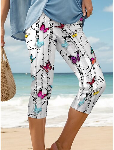  Vrouwen Leggings Capri Broek Hoge Elasticiteit Vakantie Vintage Mode Kalf-lengte Hoge Taille Grafische Boom Vlinderafdruk Thermisch Warm Ademend Zacht Rekbaar Formeel Buiten Vakantie Regenboog