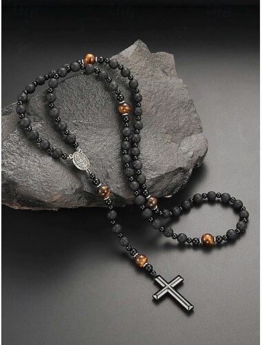  Herrhalsband med svart lavasten och tigerögakors – spirituellt pärlhalsband i rostfritt stål med justerbar längd, perfekt farsdagspresent för vardags- och religiösa ändamål